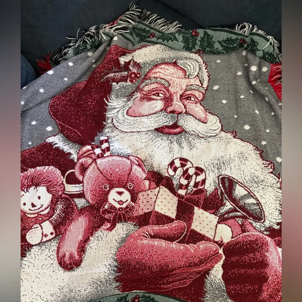 Vtg Santa Holiday‎ Christmas Woven Cotton Throw Blanket 50” X 48”
